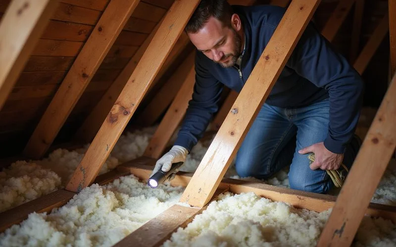 An attic inspection showing water staining on roof decking near a leak point