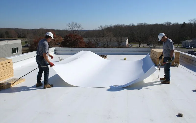 A commercial flat roof installation showing TPO membrane being installed on a low-slope building