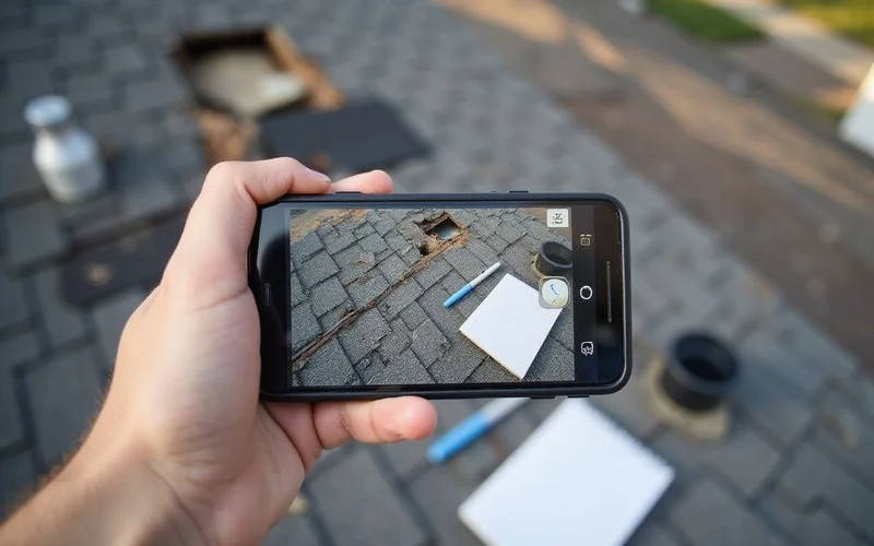 A roofing contractor documenting storm damage on a roof for an insurance claim