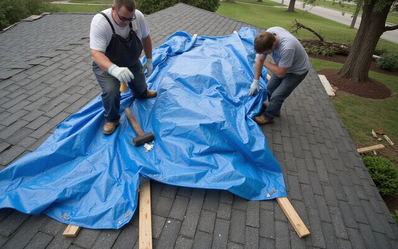 A temporary tarp secured over storm-damaged roofing to stop water intrusion until repairs can be made