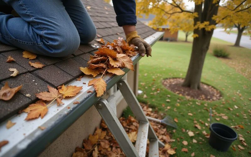 A homeowner checking gutters and roof edges for debris before winter weather arrives