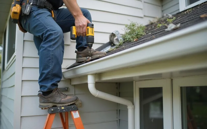 A gutter installation crew hanging new seamless aluminum gutters along a roofline
