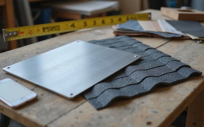 A standing seam metal roof panel installation next to a traditional asphalt shingle roof section for comparison