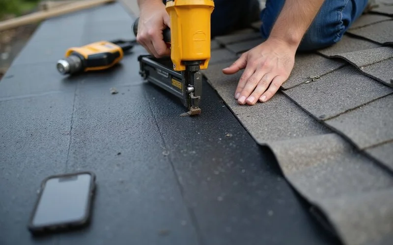 A roofing crew installing new shingles over fresh underlayment during a roof replacement