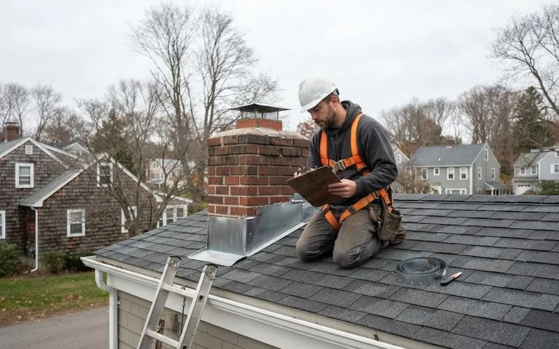 A roofing contractor on a residential asphalt shingle roof in Connecticut inspecting flashing near a chimney on a clear day