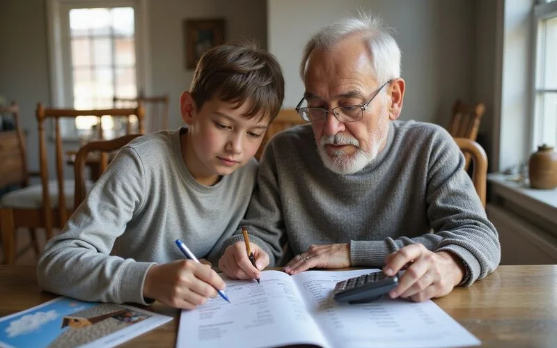 An adult child reviewing a roofing contract and estimate together with an aging parent