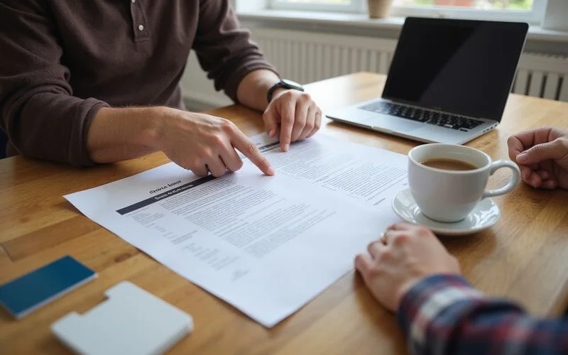 A homeowner and roofing contractor reviewing a written contract together before signing