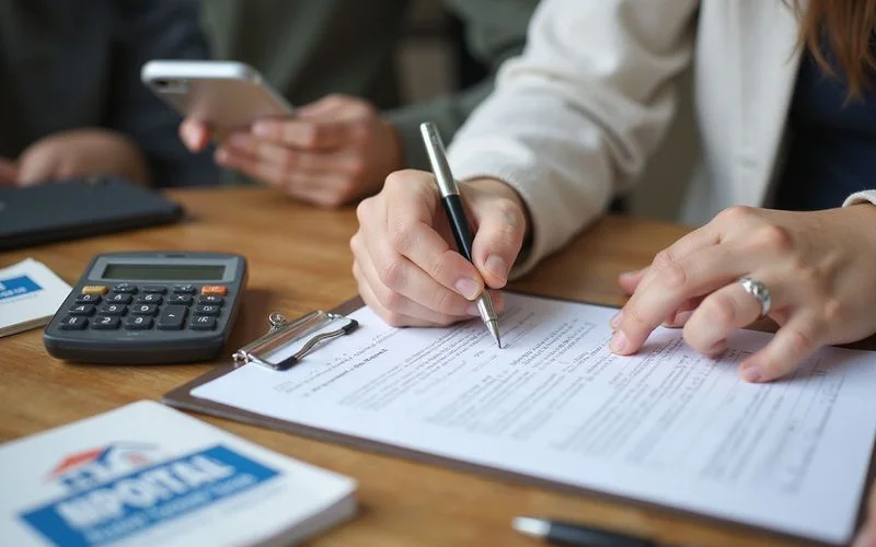 A homeowner reviewing roof financing paperwork and loan terms at home