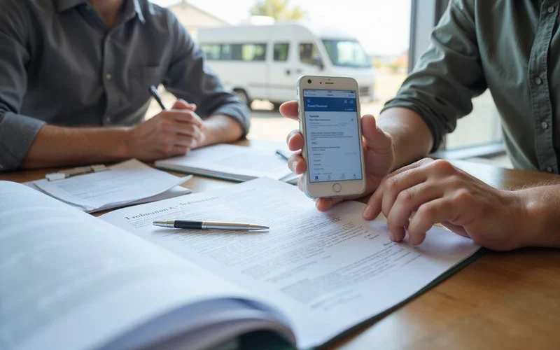 A homeowner reviewing a roofing contract and license paperwork with a contractor at the kitchen table