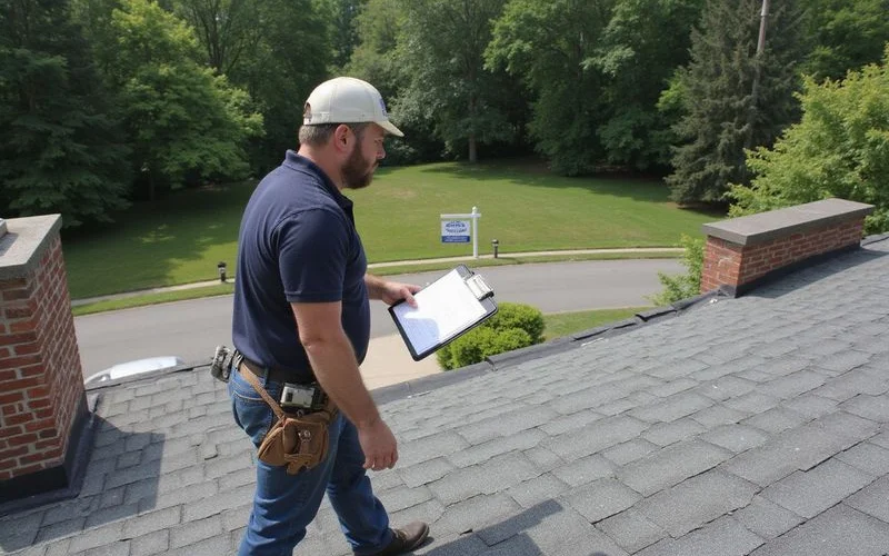 A home inspector examining roof shingles during a pre-listing inspection