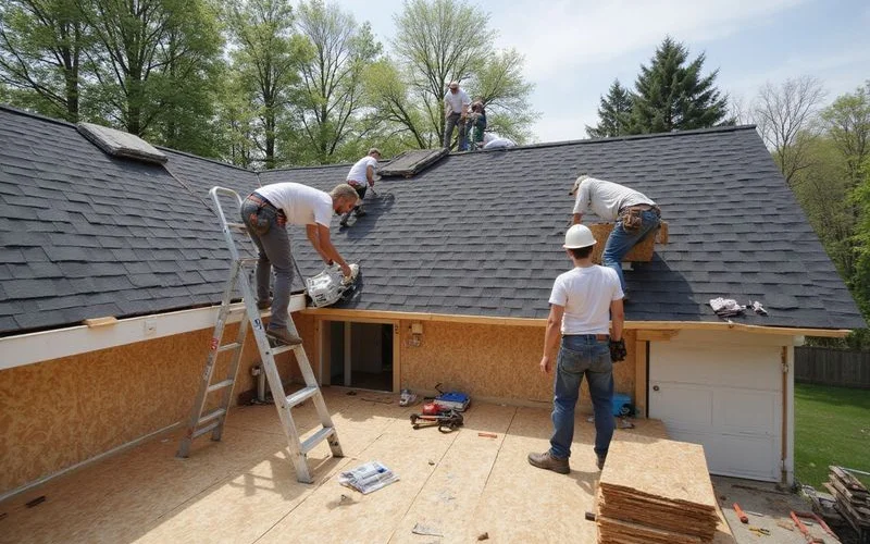 A roofing crew laying new architectural shingles on a Connecticut home during a full roof replacement