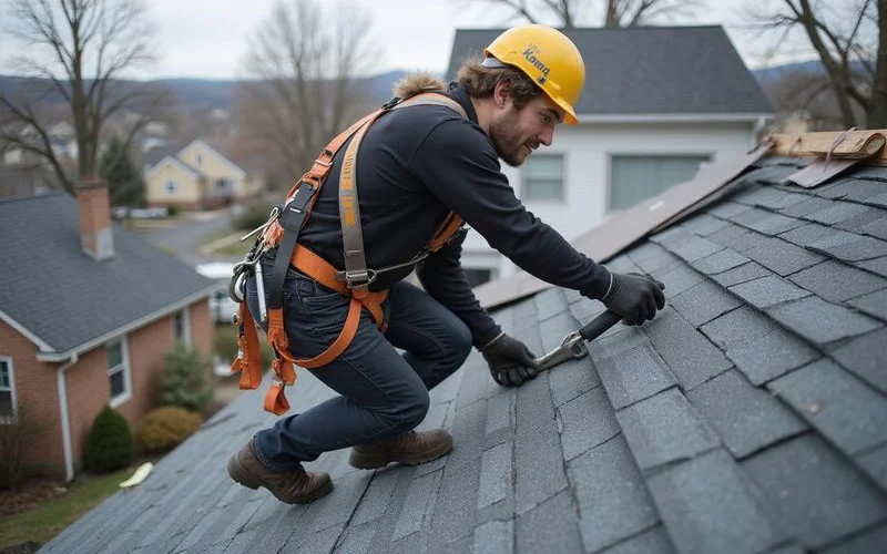 A professional roofer wearing a safety harness and using proper fall protection equipment while working on a steep roof