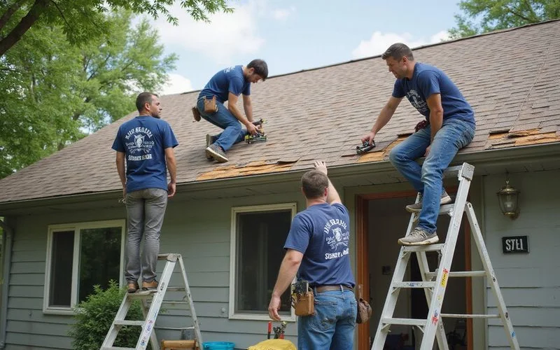 A volunteer home repair crew working on a roof as part of a community assistance project